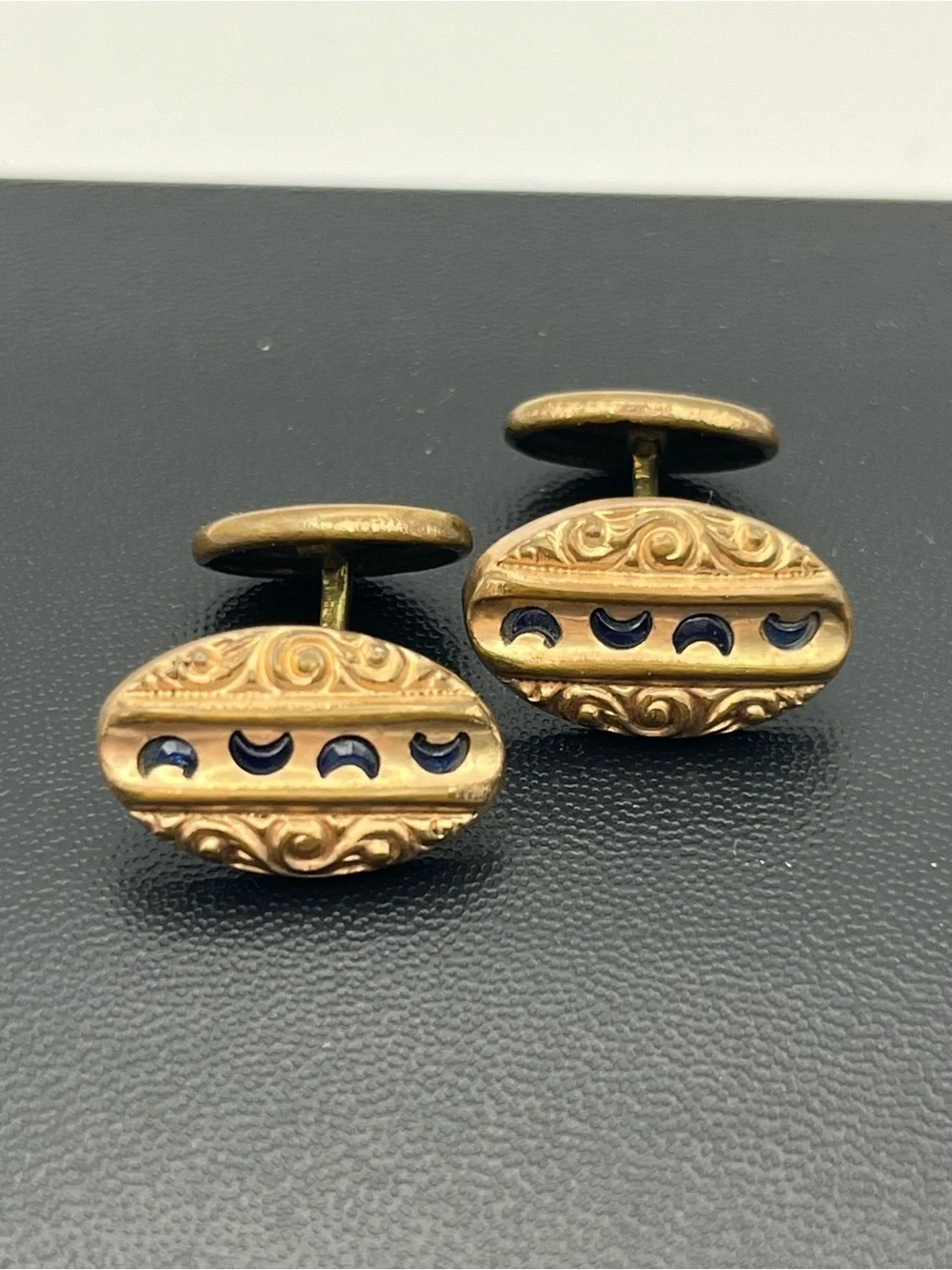 Victorian cuff links blue crescent moon scroll embossed design gold tone vintage